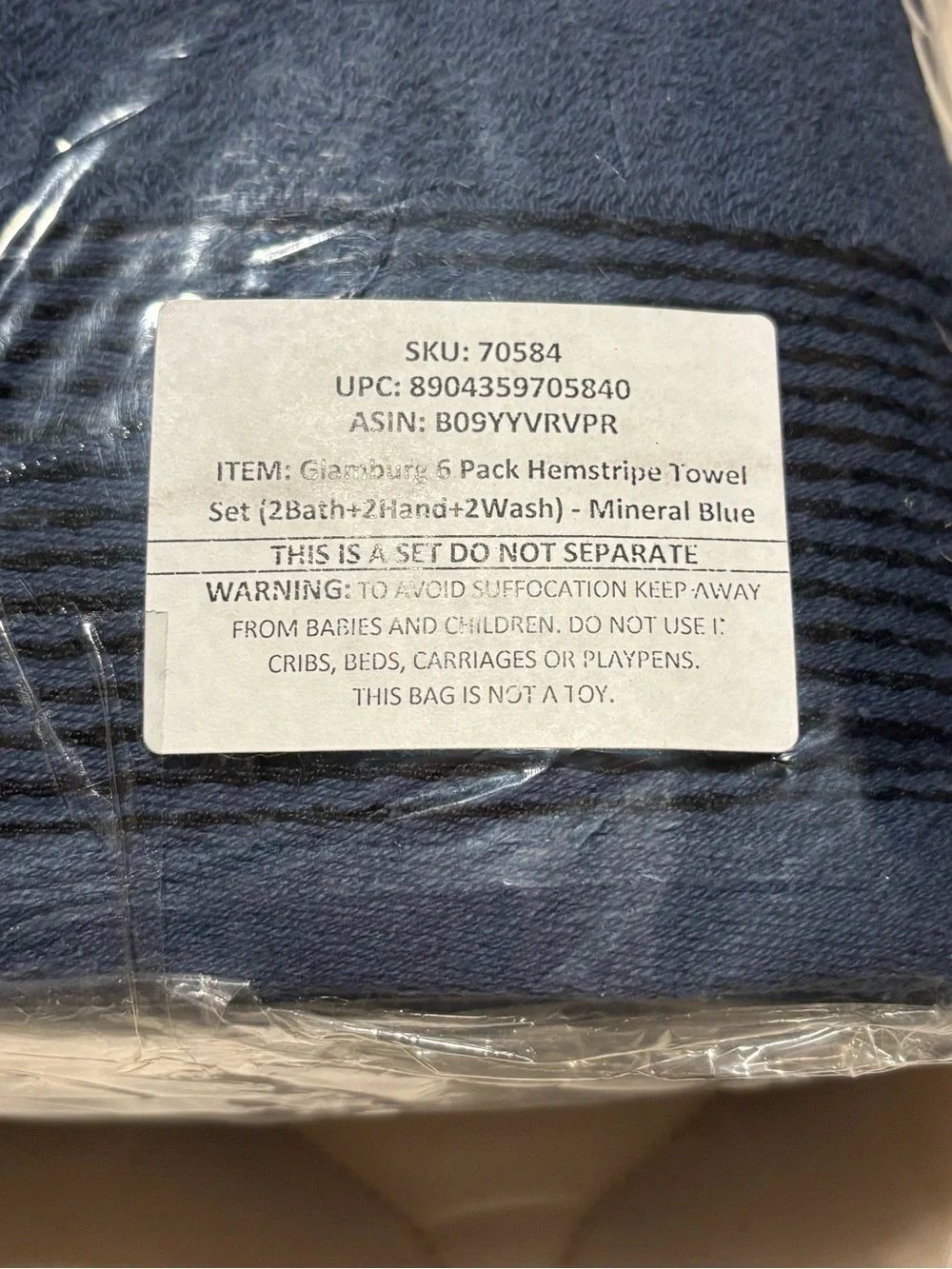 Glamburg 6 Pack Hemstripe Towel Set (2Bath+2Hand+2Wash) - Mineral Blue, BNWT